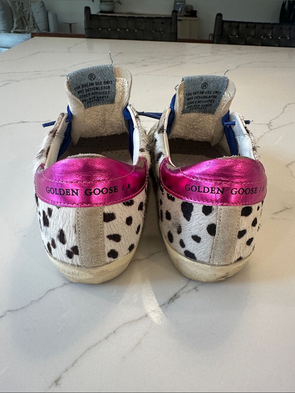 Golden Goose Superstar Dalmatian-Print Sneakers with Blue Laces & Pink Heel - Picture 5 of 7
